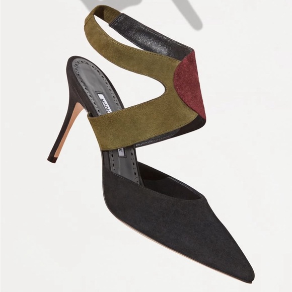 New Manolo Blahnik Suede Pumps Multicolor Black Green Pointy Toe Sz 37 Womens - Picture 1 of 7